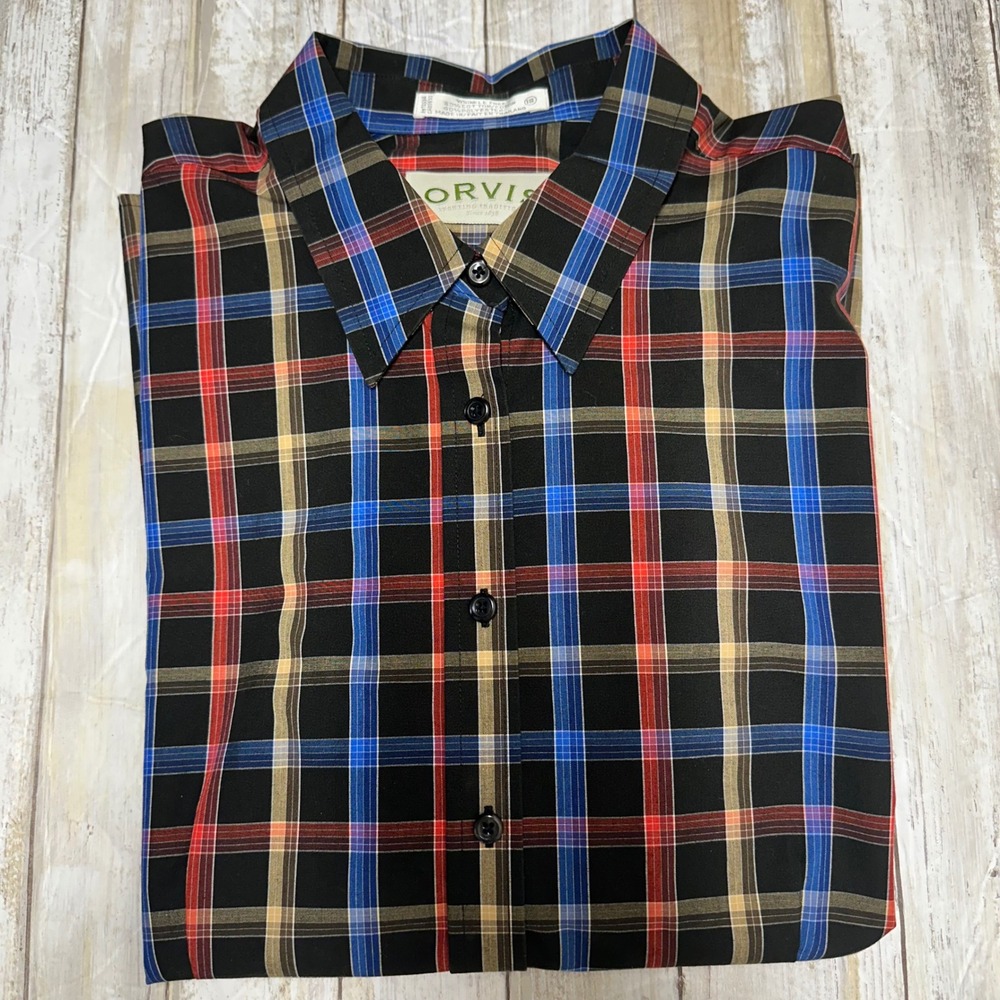 ORVIS Womens Plaid Wrinkle Free Button Down Shirt Red Blue Tan Black Size 18 EUC